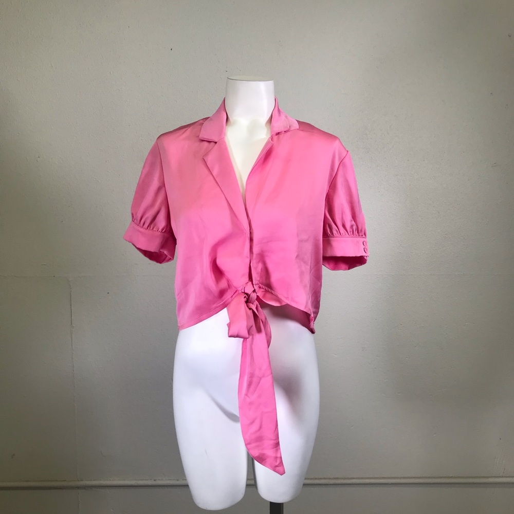Know One Cares Knotted Pink Satin Blouse